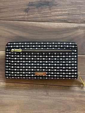Fossil Zip Around Wallet, black stripes with cream dots